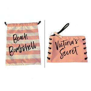 Victorias Secret Makeup Bag & Drawstring Tote Set Pink Stripes Nylon Beach Bombs